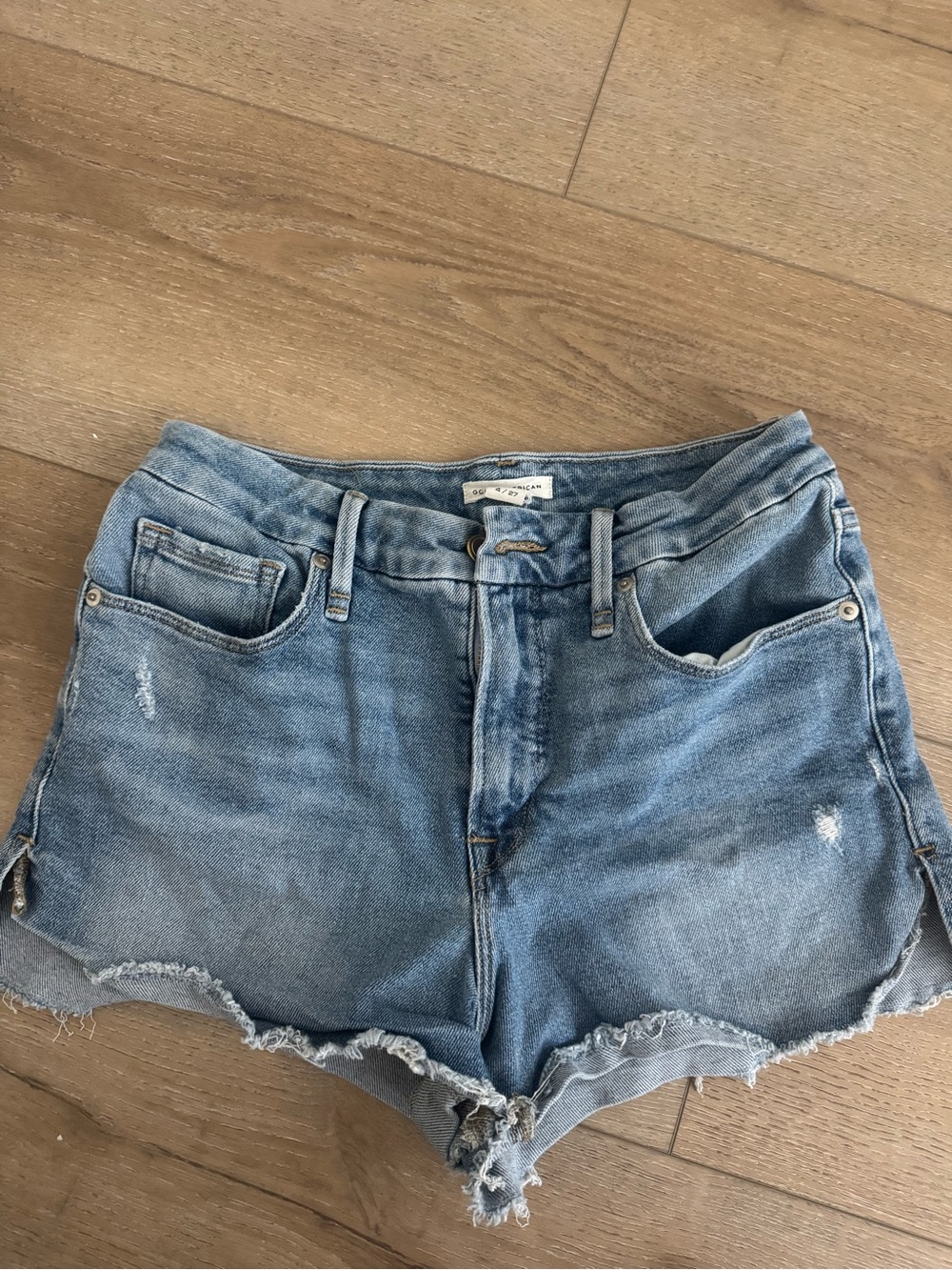 Good American Light Blue Distressed Denim Shorts